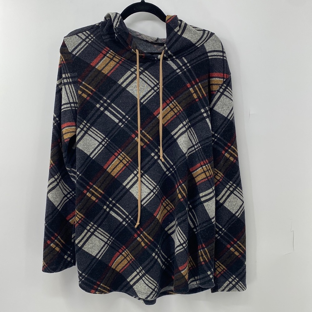 Plaid Hooded Pullover Sweatshirt - Black Multi